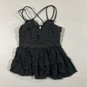 Zenana Camisole Tank Top Kids Medium Black Crochet Lace Ruffled Spaghetti Strap